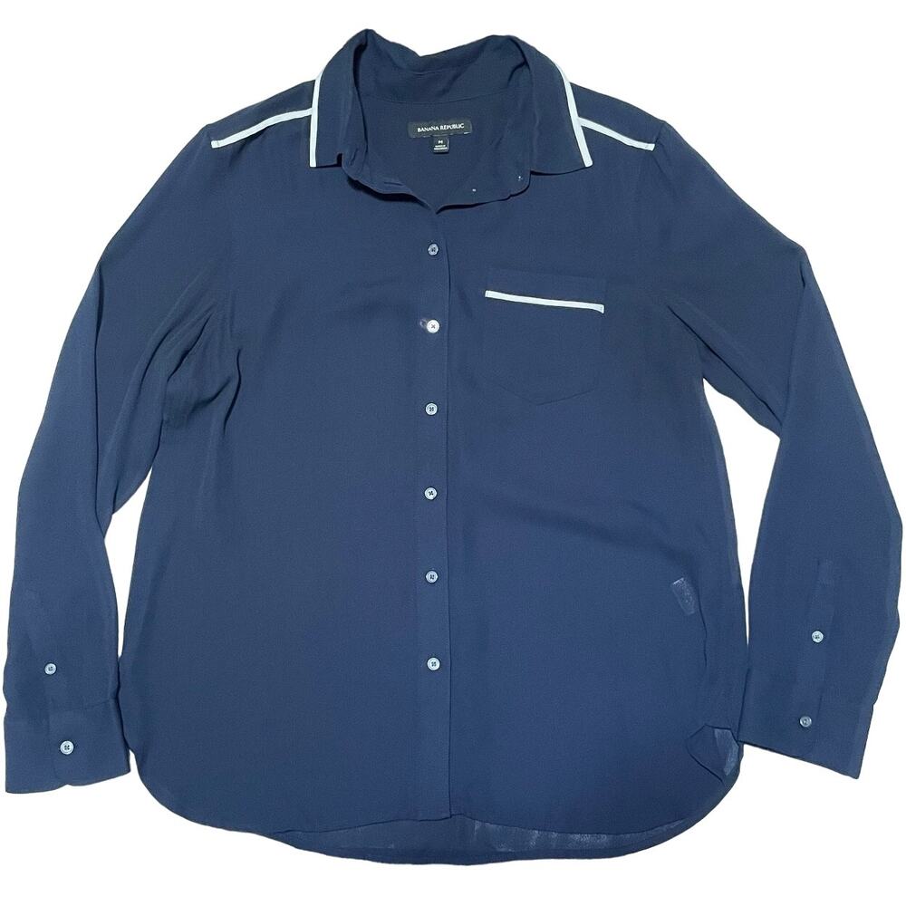 Banana Republic Navy Blouse with White Piping Size Medium